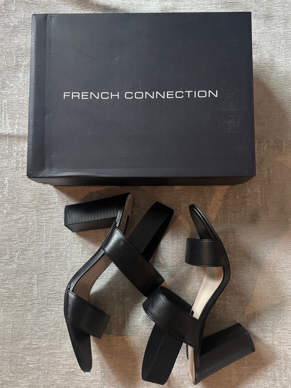 French Connection Black Wide-Strap Block Heel Sandals EUC